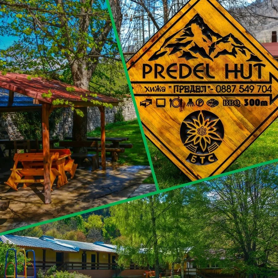 Predel Hut sign and the garden terrace
